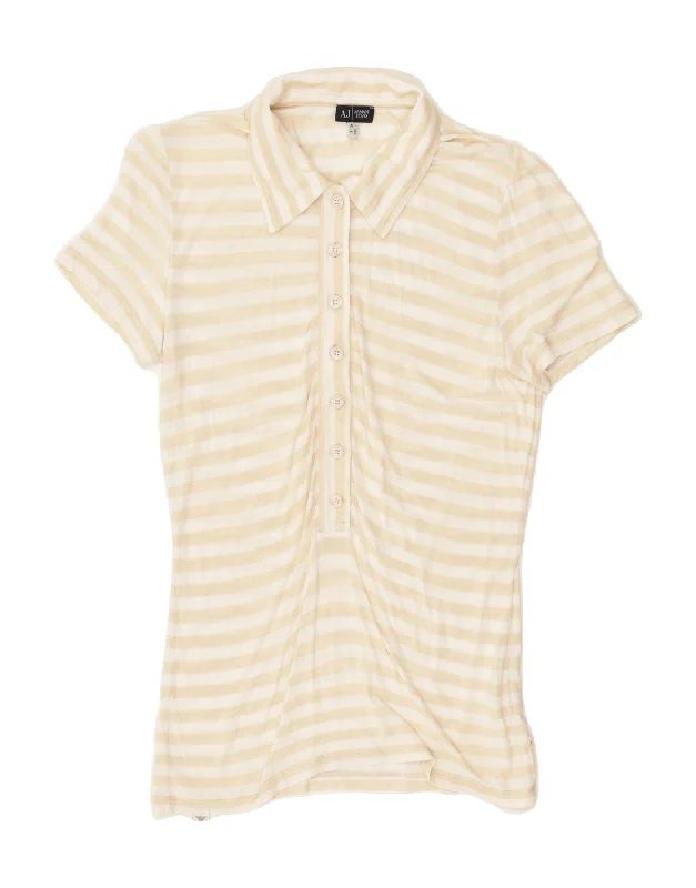 ARMANI JEANS Womens Polo Shirt UK 10 Small Beige Striped Viscose Comfortable Stretch Short Shirt ARMANI JEANS Womens Polo Shirt UK 10 Small Beige Striped Viscose Comfortable Stretch Short Shirt