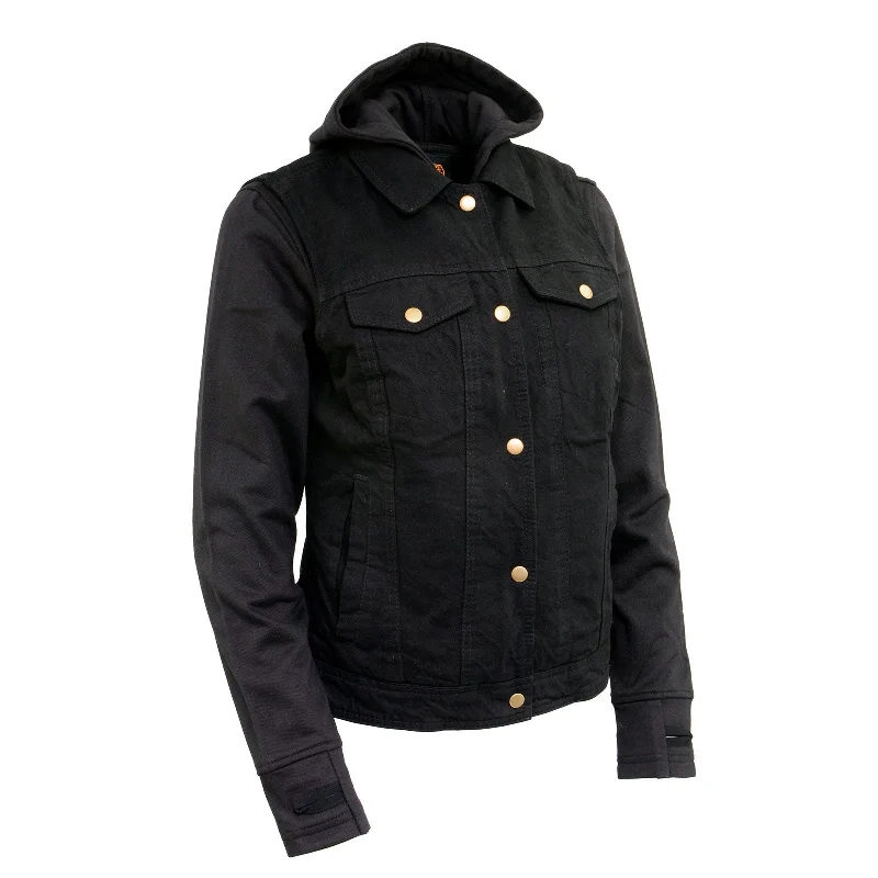 Milwaukee Leather MDL4002 Women's Black Denim 2 in 1 Shirt Style Collar Motorcycle Rider Vest W/ Removable Hoodie Relaxed Fit Short Blouse Milwaukee Leather MDL4002 Women's Black Denim 2 in 1 Shirt Style Collar Motorcycle Rider Vest W/ Removable Hoodie Relaxed Fit Short Blouse