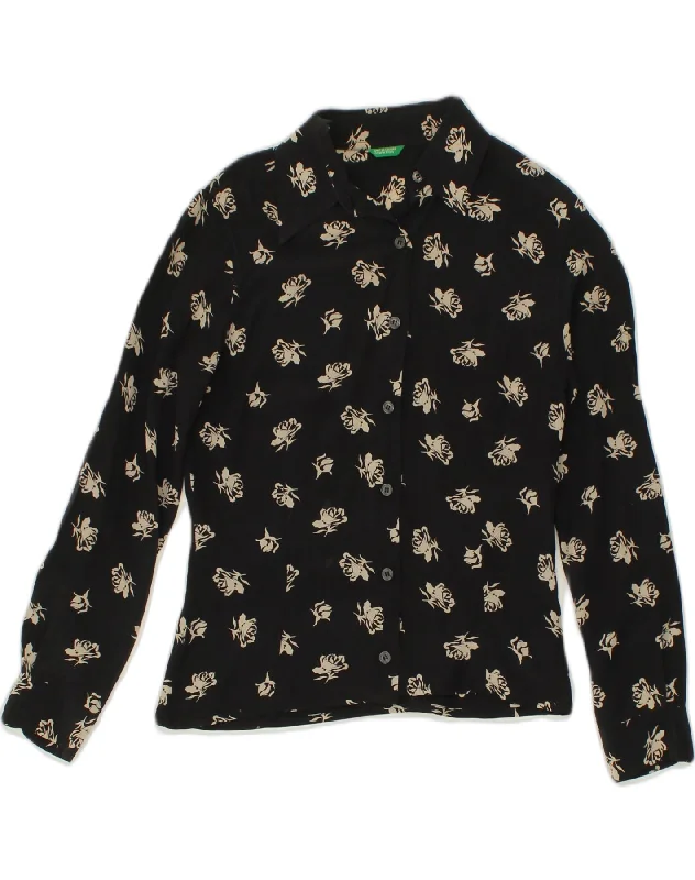 UNITED COLORS OF BENETTON Womens Shirt IT 44 Medium Black Floral Polyester Fashionable Button-Front Short Sleeve UNITED COLORS OF BENETTON Womens Shirt IT 44 Medium Black Floral Polyester Fashionable Button-Front Short Sleeve