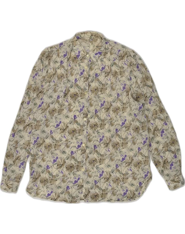 VINTAGE Womens Shirt Blouse IT 46 Large Beige Floral Viscose Elegant Off-Shoulder Short Shirt VINTAGE Womens Shirt Blouse IT 46 Large Beige Floral Viscose Elegant Off-Shoulder Short Shirt