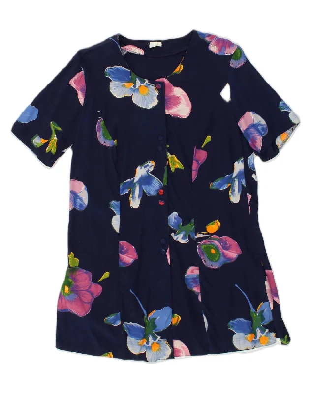 VINTAGE Womens Shirt Blouse UK 14 Large Navy Blue Floral Polyester Soft Cotton Short Tee VINTAGE Womens Shirt Blouse UK 14 Large Navy Blue Floral Polyester Soft Cotton Short Tee