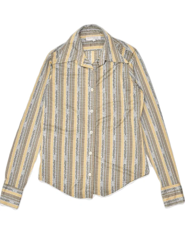 VINTAGE Womens Shirt IT 42 Medium Brown Striped Polyester Fashionable Tied Short Sleeve VINTAGE Womens Shirt IT 42 Medium Brown Striped Polyester Fashionable Tied Short Sleeve
