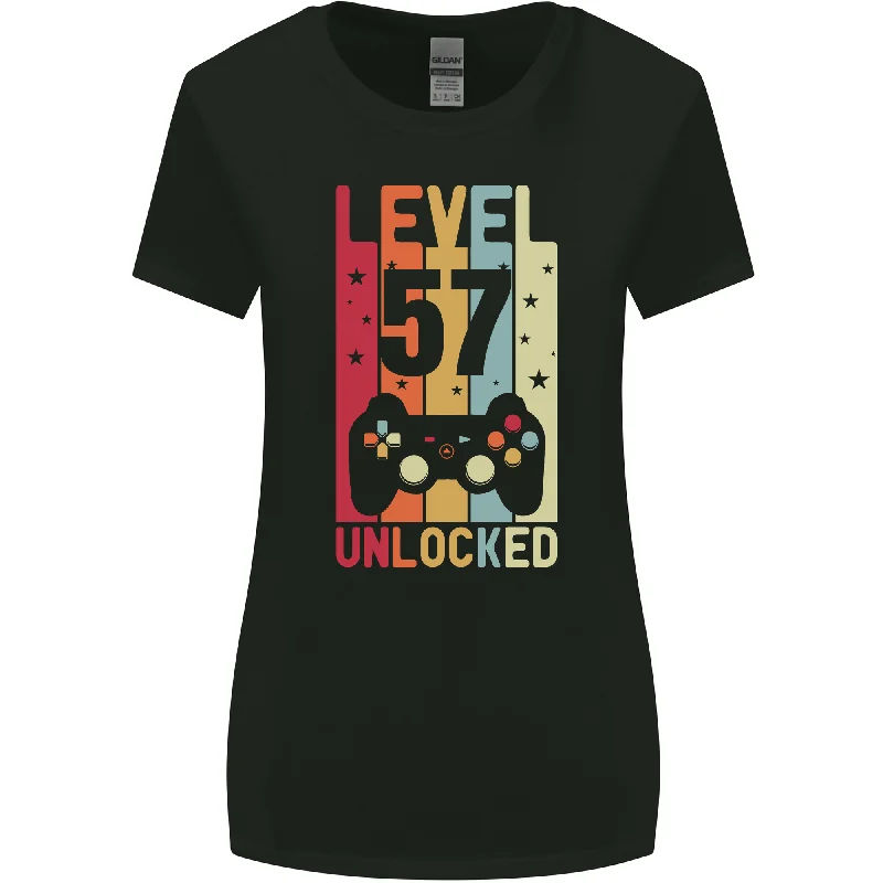 57th Birthday 57 Year Old Level Up Gaming Womens Wider Cut T-Shirt Mesh Blend Leather Blend Suede Blend