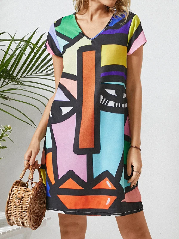 Abstract Pattern V-neck Short Sleeve Print Women Midi Dress Cozy Spaghetti Strap Midi Dress Abstract Pattern V-neck Short Sleeve Print Women Midi Dress Cozy Spaghetti Strap Midi Dress