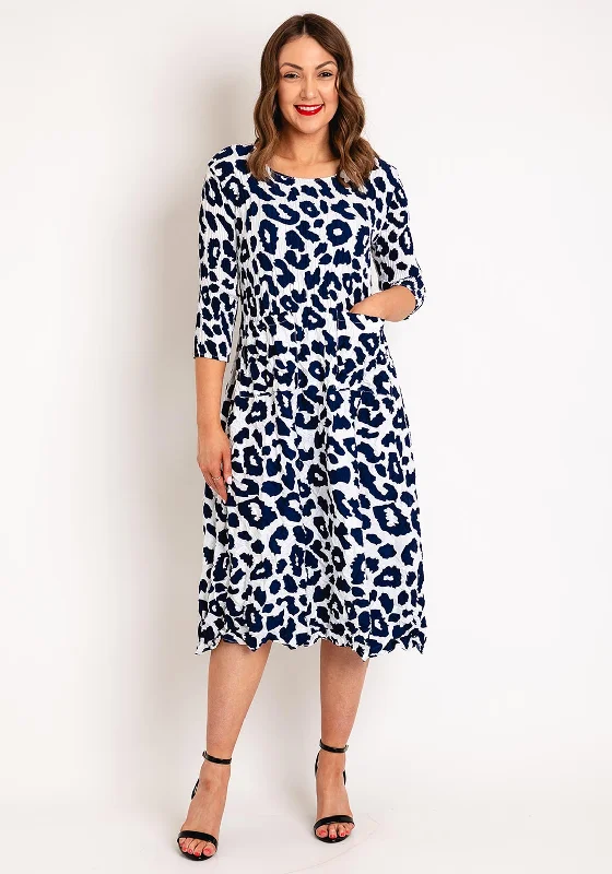Alquema Smash Pocket Crinkle Print Midi Dress, Indigo Leopard Stylish Button-Up Midi Dress Alquema Smash Pocket Crinkle Print Midi Dress, Indigo Leopard Stylish Button-Up Midi Dress