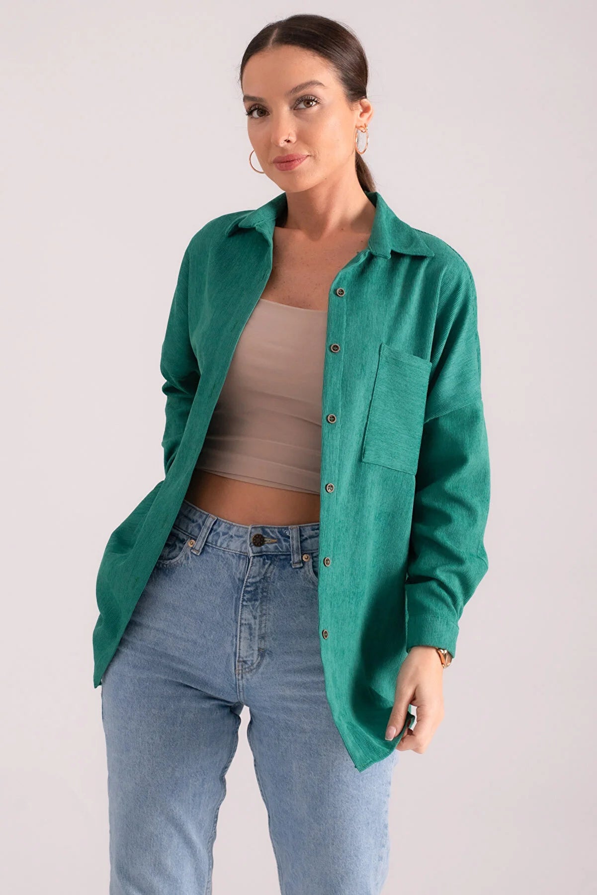 Armonika Women's Dark Green Pocket Oversize Slim Corduroy Shirt Relaxed Cotton Short Shirt