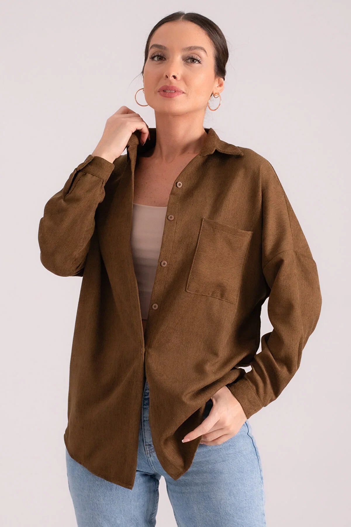 Armonika Women's Dark Khaki Pocket Oversize Slim Corduroy Shirt Comfortable Knit Short Shirt