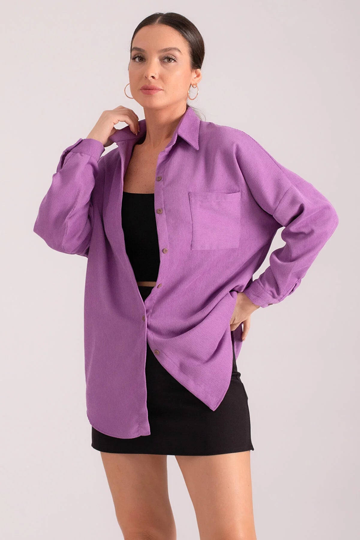 Armonika Women's Lilac Pocket Oversize Slim Corduroy Shirt Classic Solid Short Shirt