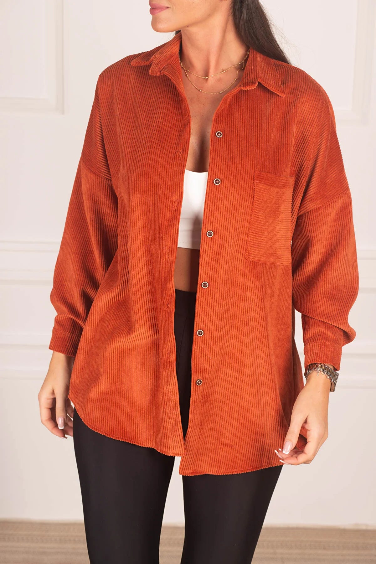 Armonika Women's Orange Pocketed Oversize Velvet Long Basic Shirt Casual Cotton Short Shirt