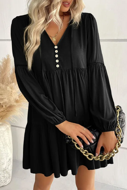 Black Lace Puff Sleeve Buttoned Tiered Ruffled Mini Dress Elegant Mini Dress with Pleats Black Lace Puff Sleeve Buttoned Tiered Ruffled Mini Dress Elegant Mini Dress with Pleats
