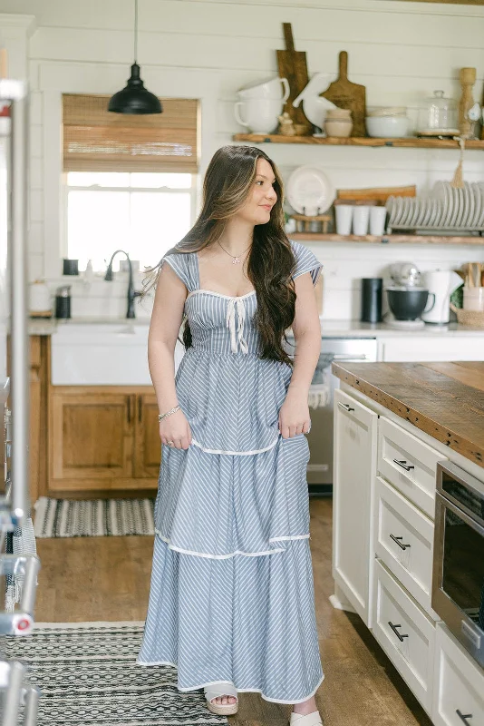 Blue Striped Tiered Ruffle Midi Dress Fashionable Pencil Midi Dress