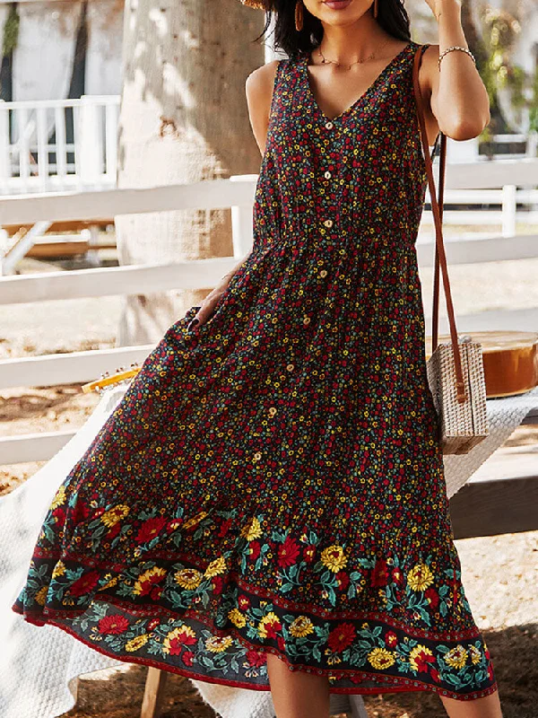 Bohemia Floral Print V-neck Button Sleeveless Patchwork Women Midi Dress Trendy Fit-and-Flare Midi Dress Bohemia Floral Print V-neck Button Sleeveless Patchwork Women Midi Dress Trendy Fit-and-Flare Midi Dress