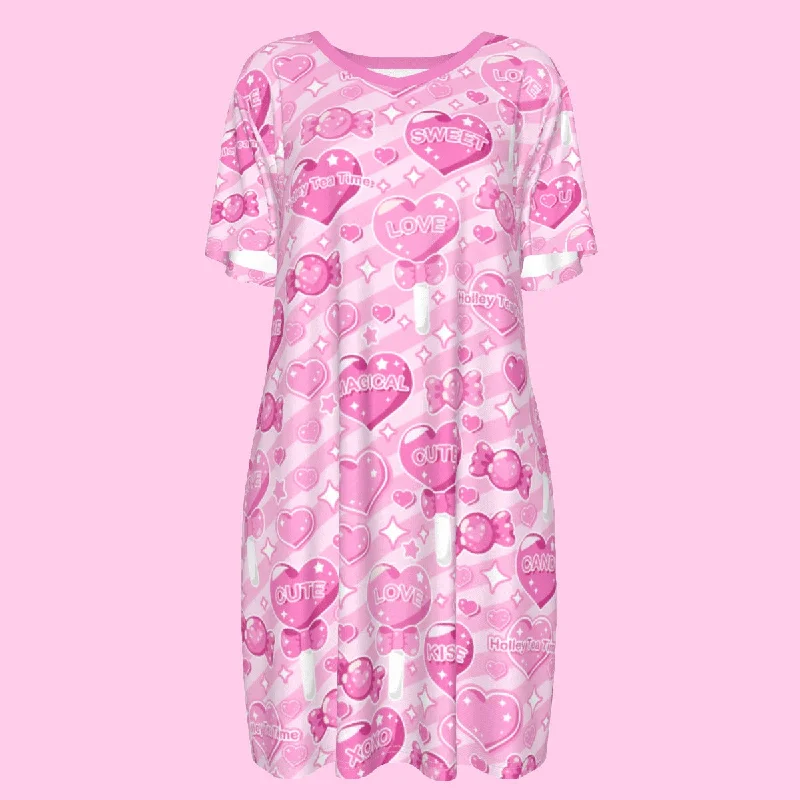 Candy Love Hearts (Pink Cutie) Women's T-shirt Dress Jersey Fabric Tulle Fabric Batik Fabric