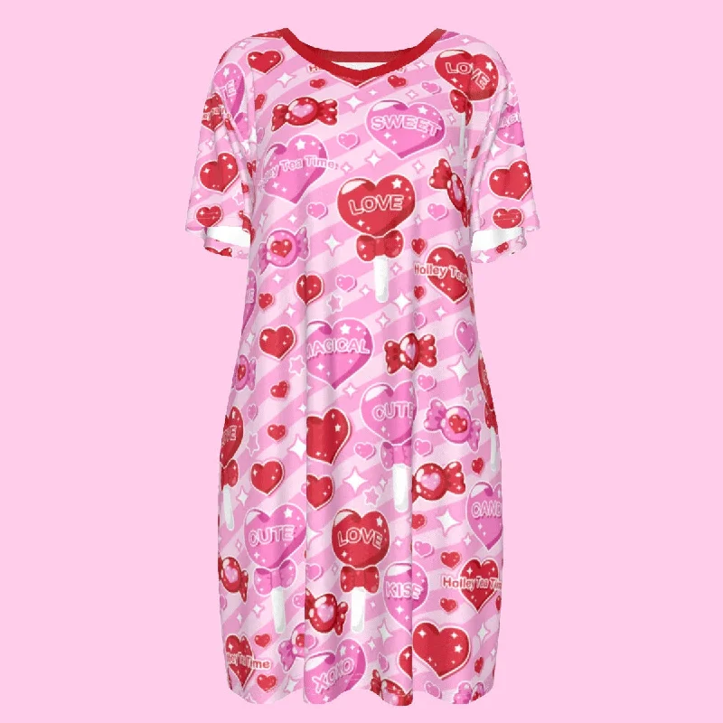 Candy Love Hearts (Red Cutie) Women's T-shirt Dress Embroidered Appliqued Beaded