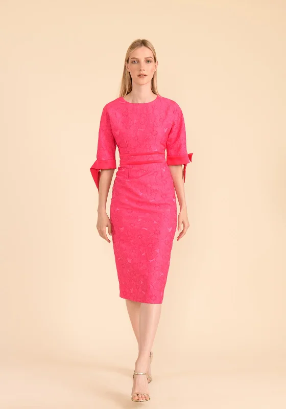 Caroline Kilkenny Aria Jacquard Ribbon Sleeve Midi Dress, Fuchsia Comfortable Adjustable Strap Midi Dress Caroline Kilkenny Aria Jacquard Ribbon Sleeve Midi Dress, Fuchsia Comfortable Adjustable Strap Midi Dress