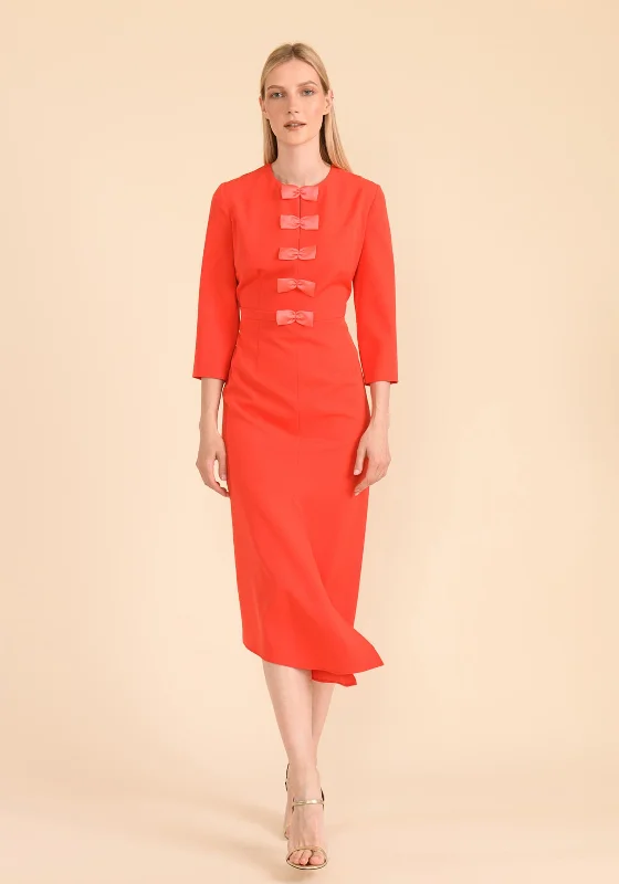 Caroline Kilkenny Maggy Bow Placket Midi Dress, Orange Stylish Off-Shoulder Ruffle Dress Caroline Kilkenny Maggy Bow Placket Midi Dress, Orange Stylish Off-Shoulder Ruffle Dress