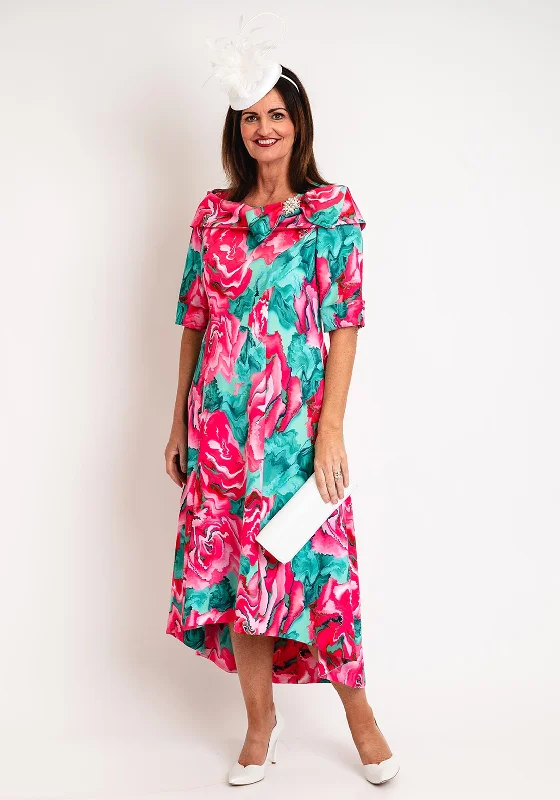 Cassandra Martha Bardot Neckline with Bow Detail Midi Dress, Pink Print Chic Off-Shoulder Midi Dress Cassandra Martha Bardot Neckline with Bow Detail Midi Dress, Pink Print Chic Off-Shoulder Midi Dress