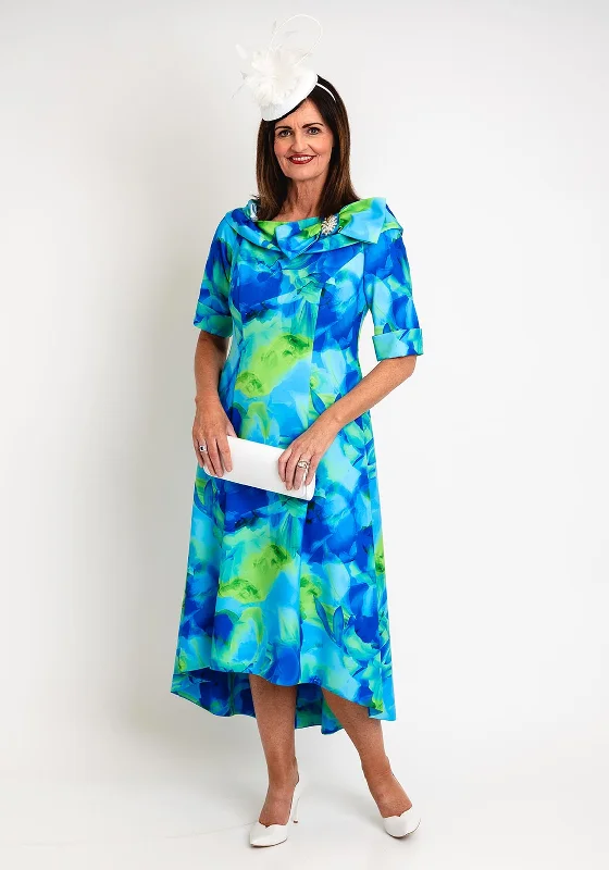 Cassandra Martha Bardot Neckline with Bow Detail Midi Dress, Royal Print Elegant Floral Midi Dress Cassandra Martha Bardot Neckline with Bow Detail Midi Dress, Royal Print Elegant Floral Midi Dress
