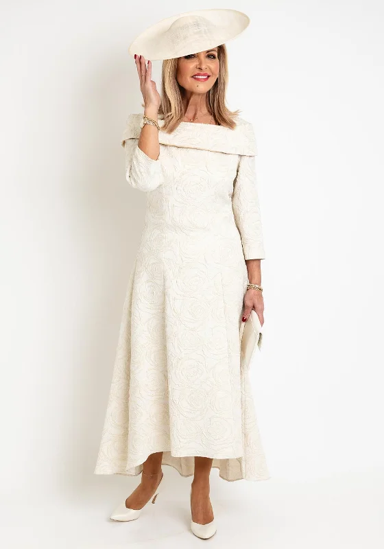 Cassandra Floral Embossed Dipped Hem Midi Dress, Cream Stylish Long Sleeve Floral Midi Dress Cassandra Floral Embossed Dipped Hem Midi Dress, Cream Stylish Long Sleeve Floral Midi Dress