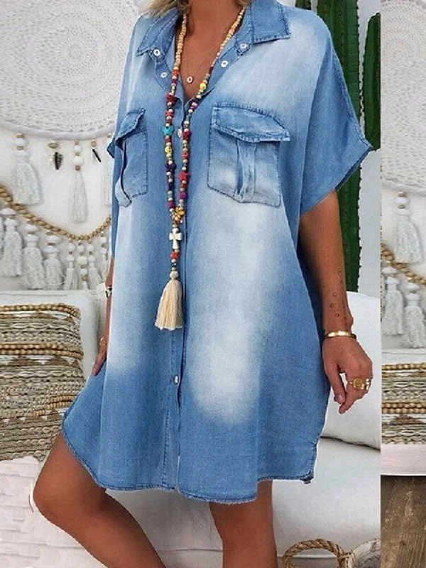 Casual Lapel Button Short Sleeve Loose Denim Shirt Women Midi Dress Cozy Tie-Dye Midi Dress Casual Lapel Button Short Sleeve Loose Denim Shirt Women Midi Dress Cozy Tie-Dye Midi Dress