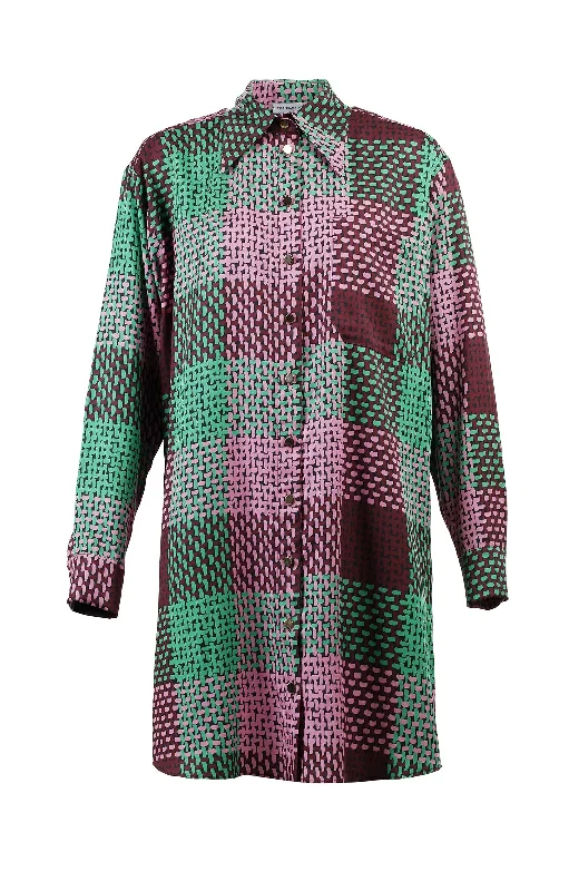 Chamonix Oversized Long Shirt Checked Green Fashionable Button-Front Short Sleeve