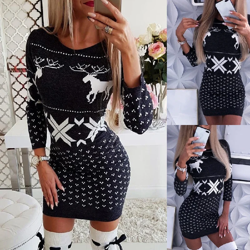 Christmas digital printing tight-fitting hip dress, long-sleeved thin T-shirt and skirt Handmade Hand-knitted Hand-woven