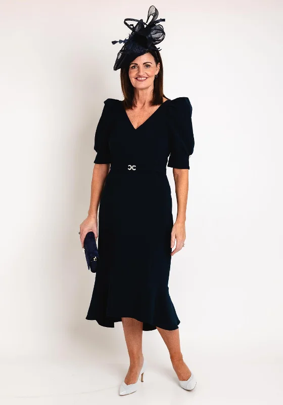 Claudia C Amsterdam Dip Hem Midi Dress, Navy Elegant Pleated Sleeve Midi Dress