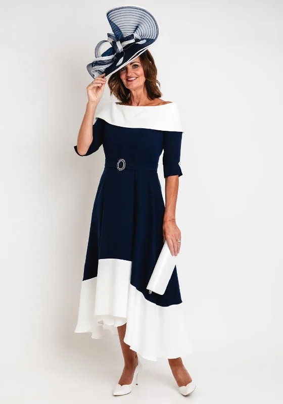 Claudia C Diana Off Shoulder A-line Midi Dress, Navy & White Stylish Pleated Skirt Midi Dress Claudia C Diana Off Shoulder A-line Midi Dress, Navy & White Stylish Pleated Skirt Midi Dress