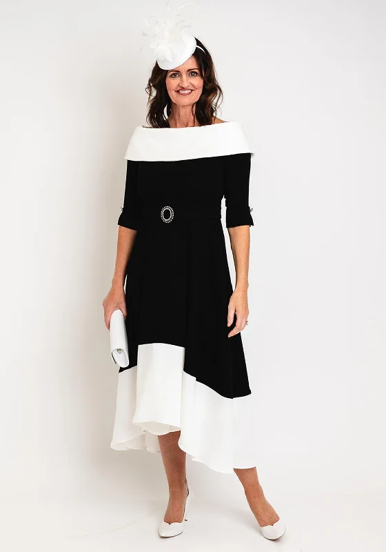 Claudia C Diana Off Shoulder A-line Midi Dress, Black & White Trendy Tiered Hem Midi Dress Claudia C Diana Off Shoulder A-line Midi Dress, Black & White Trendy Tiered Hem Midi Dress