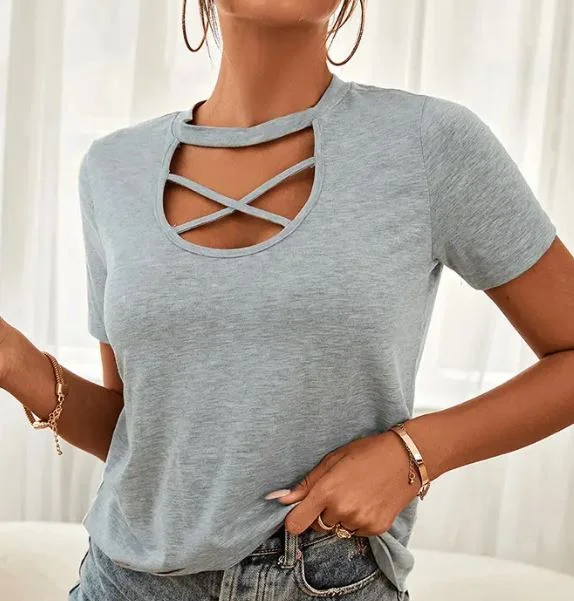 Criss-Cross Short Sleeve Grey Shirt Stylish Pleated Short Sleeve