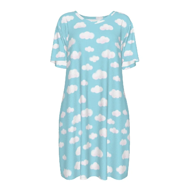 Dreamy Clouds Women's Cotton T-shirt Dress (Sky Blue) Notch Collar Peter Pan Collar Cowl Neck