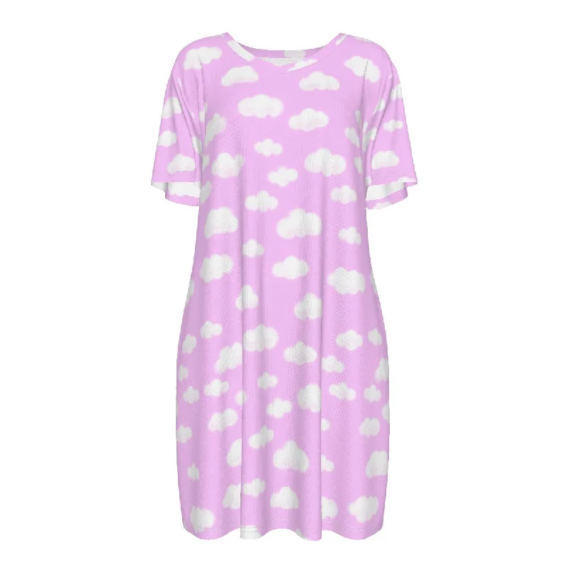 Dreamy Clouds Women's Cotton T-shirt Dress (Taffy Pink) Welt Pockets Slit Pockets