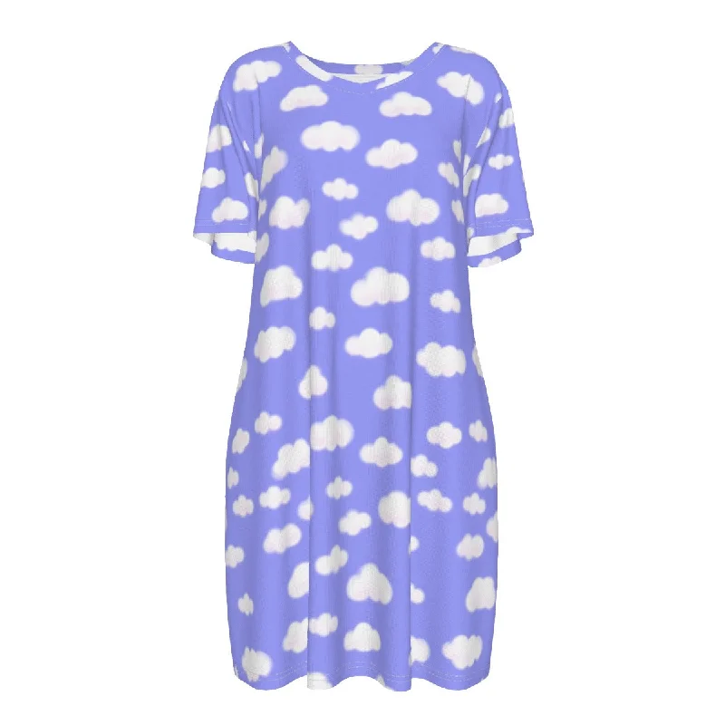 Dreamy Clouds Women's Cotton T-shirt Dress (Periwinkle) Thin T-Shirt Open Front Quick Dry