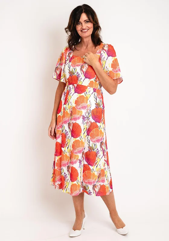 Ella Boo Square Neck Floral Midi Dress, Orange Multi Elegant Floral Appliqué Midi Dress Ella Boo Square Neck Floral Midi Dress, Orange Multi Elegant Floral Appliqué Midi Dress