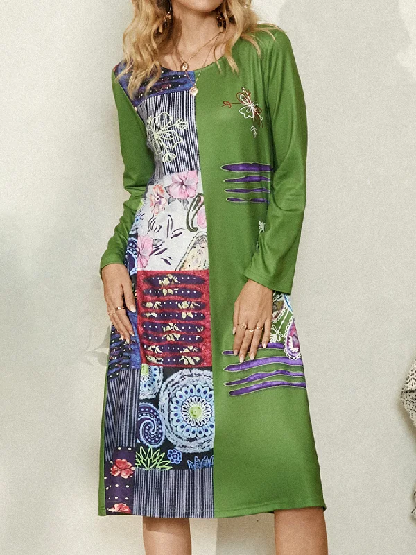 Ethnic Floral Print O-neck Long Sleeve Vintage Women Midi Dress Trendy Smocked Waist Midi Dress Ethnic Floral Print O-neck Long Sleeve Vintage Women Midi Dress Trendy Smocked Waist Midi Dress