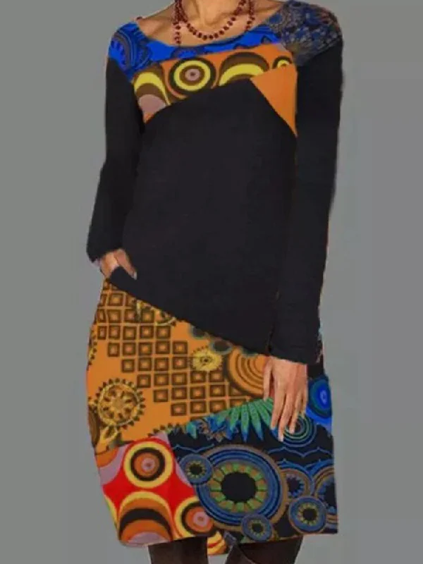 Ethnic Pattern Patchwork Casual Print Round Neck Long Sleeve Women Midi Dress Elegant Satin Slip Midi Dress Ethnic Pattern Patchwork Casual Print Round Neck Long Sleeve Women Midi Dress Elegant Satin Slip Midi Dress