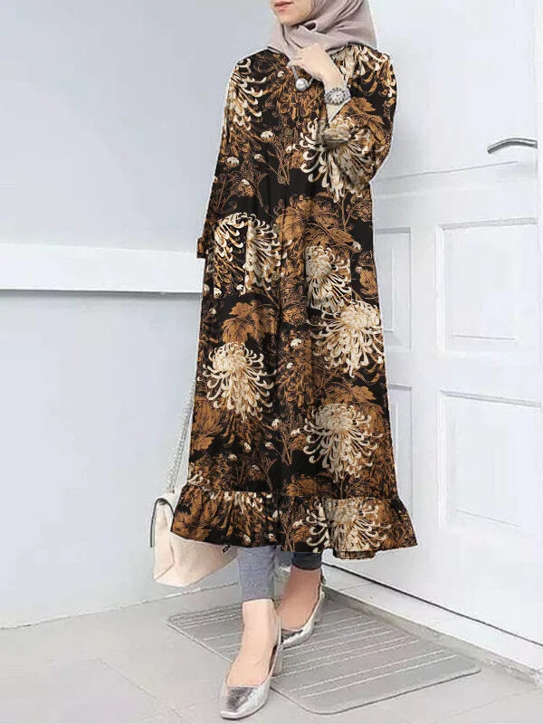 Flora Print Ruff Hem O-neck Casual Bohemian Abaya Kaftan Shirt Pocket Women Midi Dress Stylish Animal Print Midi Dress Flora Print Ruff Hem O-neck Casual Bohemian Abaya Kaftan Shirt Pocket Women Midi Dress Stylish Animal Print Midi Dress