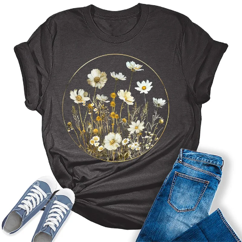 Floral Botanical Moon Flower Graphic Tees For Womens Collared Crew Neck Turtle Neck