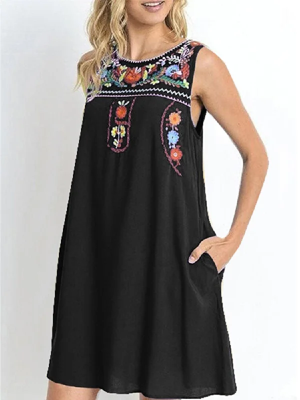 Flower Embroidery Crew Neck Sleeveless Loose Pockets Women Midi Dress Cozy T-shirt Midi Dress Flower Embroidery Crew Neck Sleeveless Loose Pockets Women Midi Dress Cozy T-shirt Midi Dress