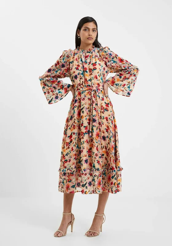 French Connection Avery Burn-Out Midi Dress, Toasted Almond Trendy A-Line Midi Dress French Connection Avery Burn-Out Midi Dress, Toasted Almond Trendy A-Line Midi Dress
