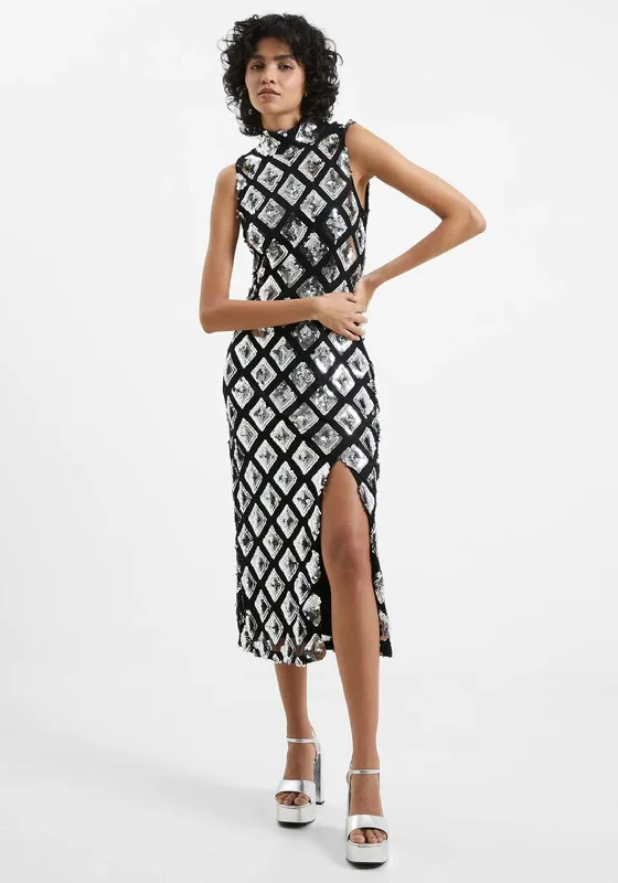 French Connection Axel Embellished Midi Dress, Black & Silver Comfortable Short Sleeve Midi Dress French Connection Axel Embellished Midi Dress, Black & Silver Comfortable Short Sleeve Midi Dress