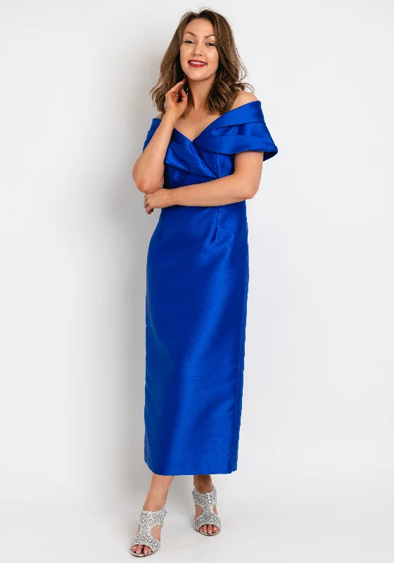 Gabriela Sanchez Off-the-Shoulder Pencil Midi Dress, Cobalt Stylish Satin Midi Dress Gabriela Sanchez Off-the-Shoulder Pencil Midi Dress, Cobalt Stylish Satin Midi Dress