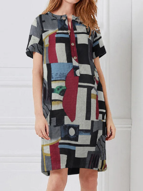 Geometry Print Short Sleeve Vintage Pockets Women Midi Dress Chic Floral Print Midi Dress Geometry Print Short Sleeve Vintage Pockets Women Midi Dress Chic Floral Print Midi Dress