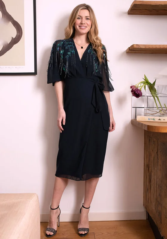 Hope & Ivy Brittany Embellished Wrap Midi Dress, Navy Fashionable Sheer Sleeve Midi Dress Hope & Ivy Brittany Embellished Wrap Midi Dress, Navy Fashionable Sheer Sleeve Midi Dress
