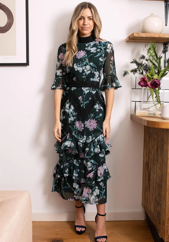 Hope & Ivy Ellen Ruffle Skirt Floral Midi Dress, Green and Pink Elegant Satin Slip Midi Dress Hope & Ivy Ellen Ruffle Skirt Floral Midi Dress, Green and Pink Elegant Satin Slip Midi Dress