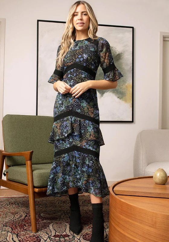 Hope & Ivy Nadine Tiered Ruffle Skirt Midi Dress, Blue and Green Comfortable Casual Midi Dress Hope & Ivy Nadine Tiered Ruffle Skirt Midi Dress, Blue and Green Comfortable Casual Midi Dress