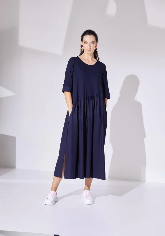 Naya Gathered Contrast Skirt Jersey Midi Dress, Navy Fashionable Sheer Sleeve Midi Dress Naya Gathered Contrast Skirt Jersey Midi Dress, Navy Fashionable Sheer Sleeve Midi Dress
