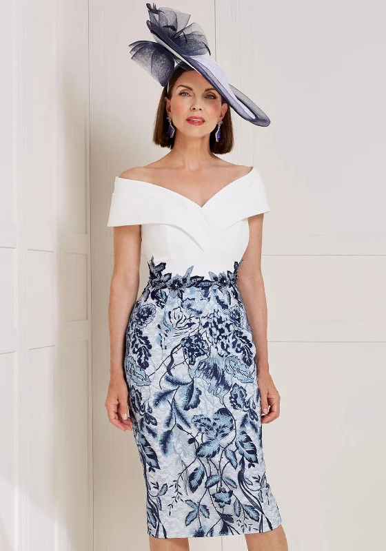 John Charles Bardot Neckline Lace Skirt Midi Dress, Ivory & Navy Fashionable High-Low Midi Dress John Charles Bardot Neckline Lace Skirt Midi Dress, Ivory & Navy Fashionable High-Low Midi Dress