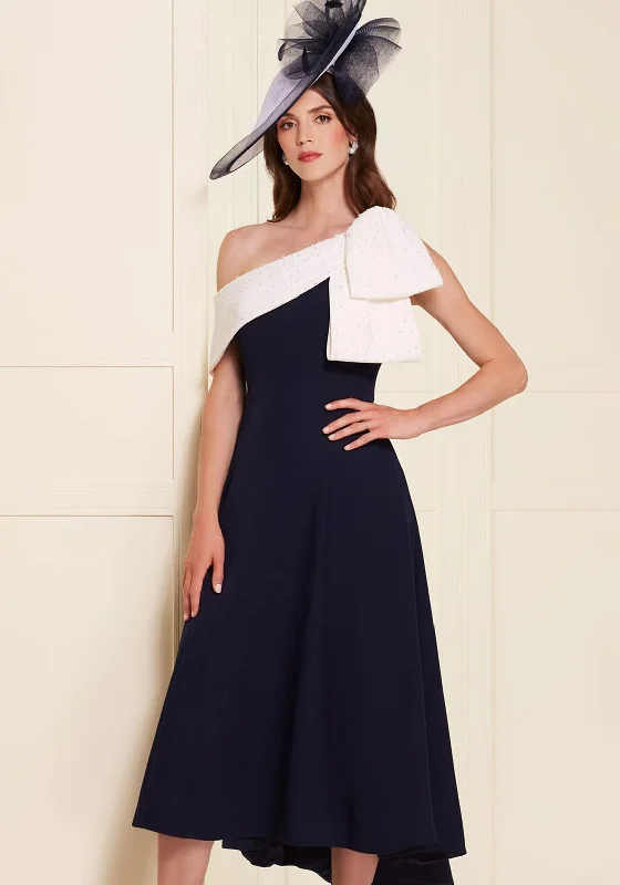 John Charles Beaded One Shoulder Fit & Flare Midi Dress, Ivory & Navy Fashionable High-Neck Midi Dress John Charles Beaded One Shoulder Fit & Flare Midi Dress, Ivory & Navy Fashionable High-Neck Midi Dress