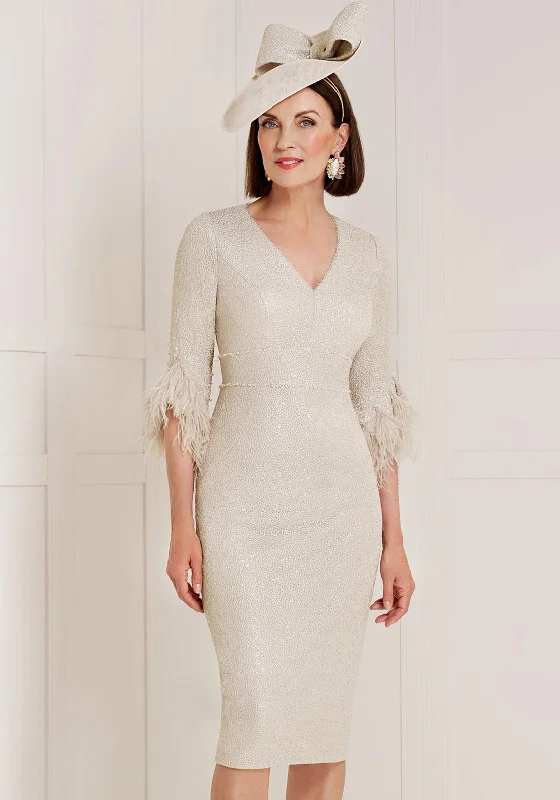 John Charles Feather Trim Sleeve Midi Dress, Oyster Elegant Floral Appliqué Midi Dress John Charles Feather Trim Sleeve Midi Dress, Oyster Elegant Floral Appliqué Midi Dress